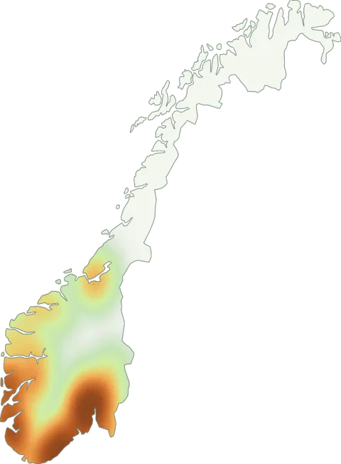 Kart over registrerte observasjoner av besk rørsopp i Norge.