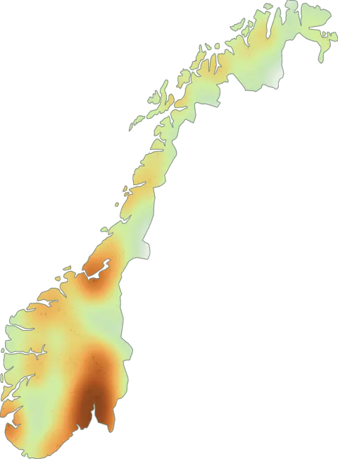 Kart over registrerte observasjoner av blå ridderhatt i Norge.