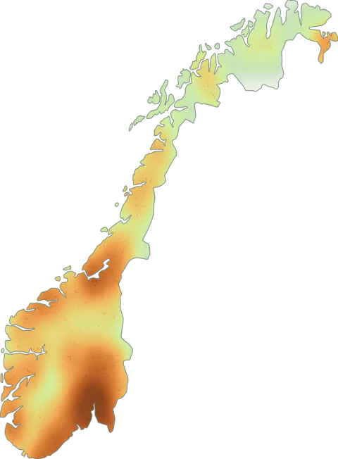 Kart over registrerte observasjoner av blåkjøttbukkesopp i Norge.