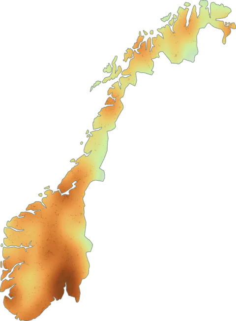 Kart over registrerte observasjoner av brunskrubb i Norge.