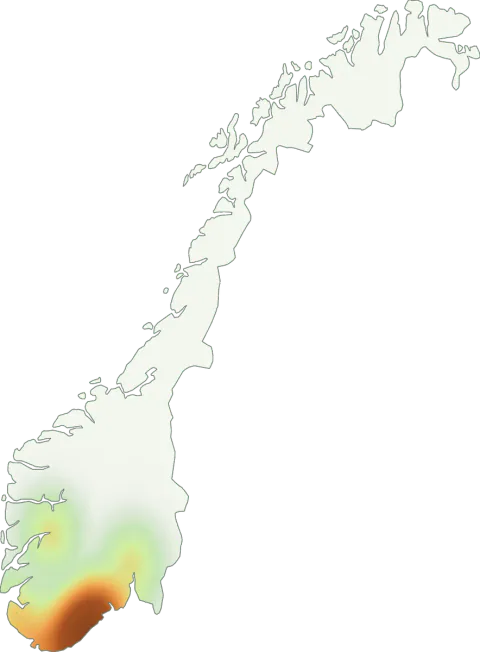 Kart over registrerte observasjoner av butt giftslørsopp i Norge.