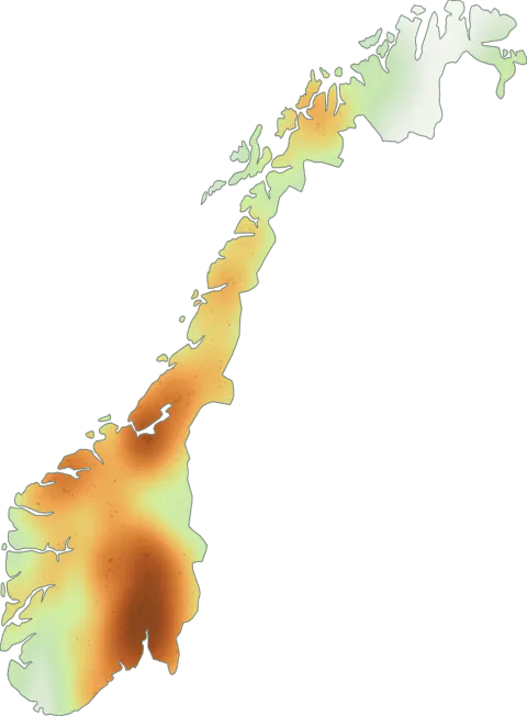 Kart over registrerte observasjoner av duftvokssopp i Norge.