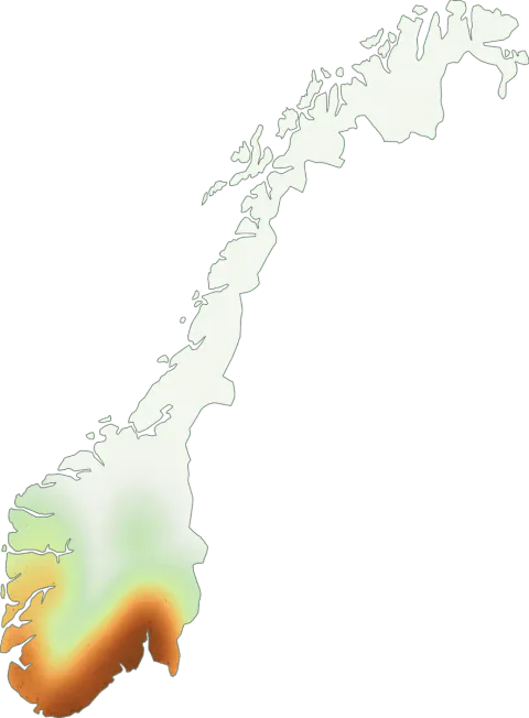 Kart over registrerte observasjoner av eikemusling i Norge.