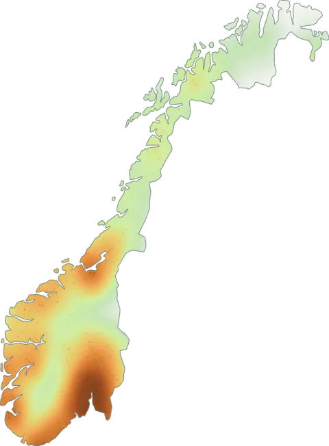 Kart over registrerte observasjoner av falsk kantarell i Norge.