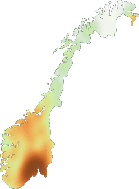 Kart over registrerte observasjoner av furuskjellpigg i Norge.