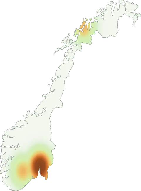 Kart over registrerte observasjoner av giftsjampinjong-gruppen i Norge.