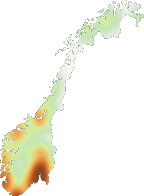 Kart over registrerte observasjoner av glimmerblekksopp i Norge.