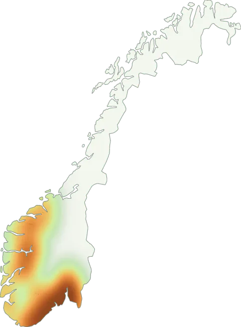 Kart over registrerte observasjoner av grønn fluesopp i Norge.