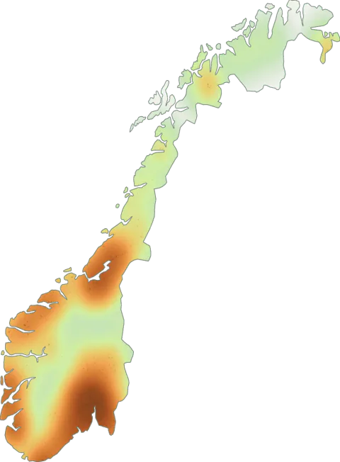Kart over registrerte observasjoner av gul trompetsopp i Norge.