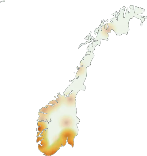 Kart over registrerte observasjoner av gullbittersopp i Norge.