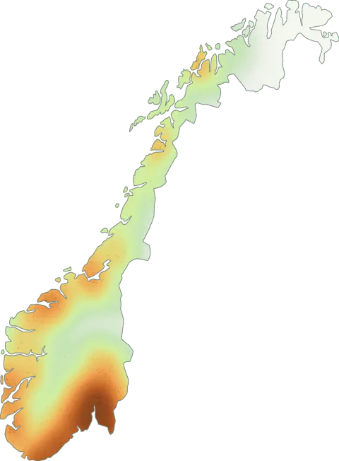 Kart over registrerte observasjoner av hvit fluesopp i Norge.