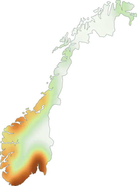 Kart over registrerte observasjoner av lodden hvitriske i Norge.