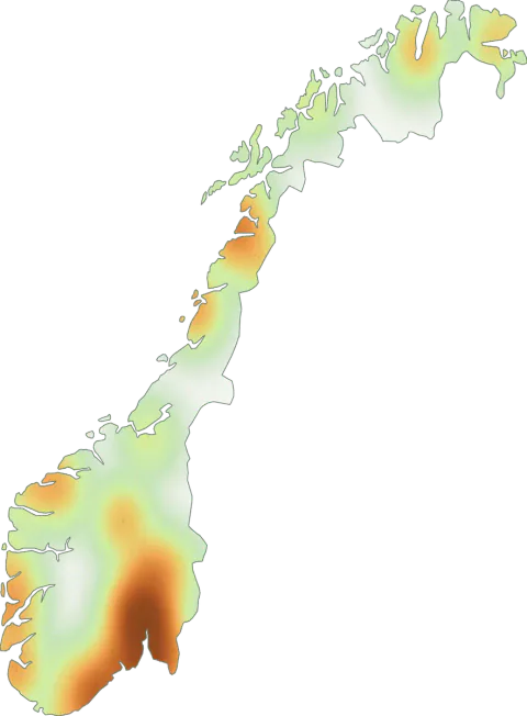 Kart over registrerte observasjoner av lys høstmorkel i Norge.