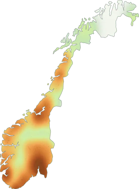 Kart over registrerte observasjoner av oransjeslørsopp i Norge.