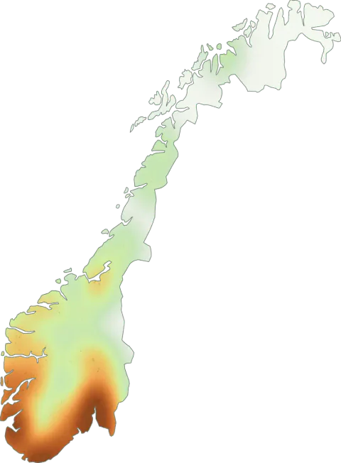 Kart over registrerte observasjoner av potetrøyksopper i Norge.