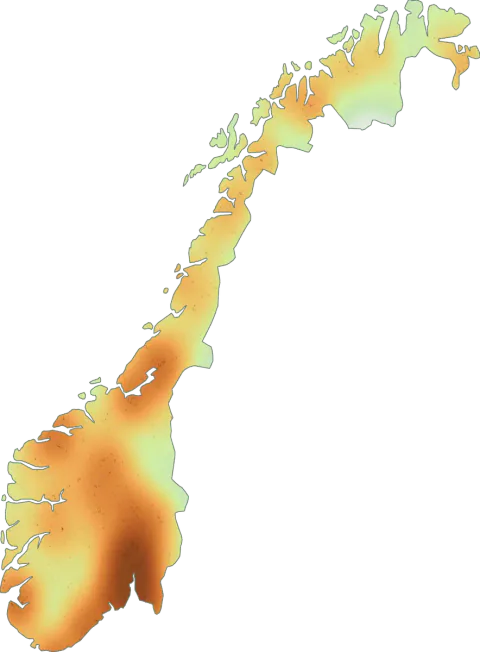 Kart over registrerte observasjoner av reddiksopper i Norge.