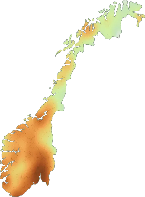 Kart over registrerte observasjoner av rød fluesopp i Norge.