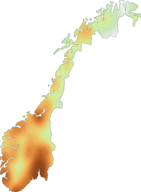 Kart over registrerte observasjoner av rød stubbemusserong i Norge.