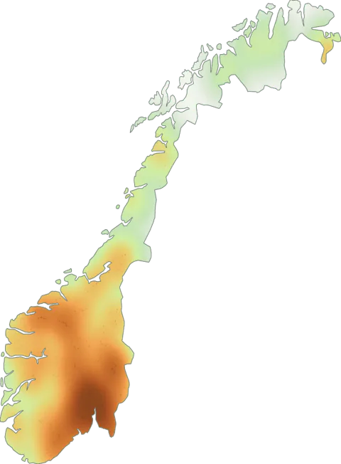 Kart over registrerte observasjoner av rødbrun steinsopp i Norge.