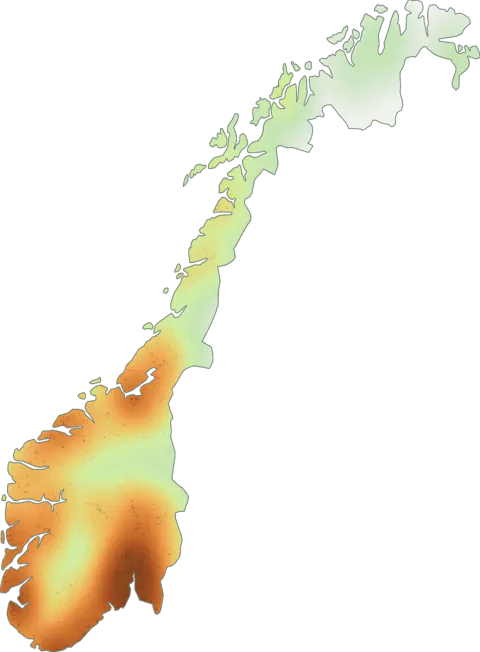 Kart over registrerte observasjoner av rødnende fluesopp i Norge.