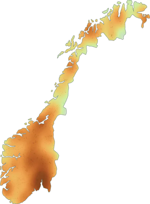 Kart over registrerte observasjoner av rødskrubb i Norge.