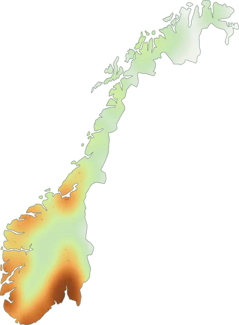 Kart over registrerte observasjoner av skarp gulkremle i Norge.