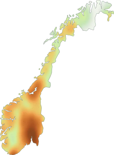 Kart over registrerte observasjoner av sotvokssopp i Norge.