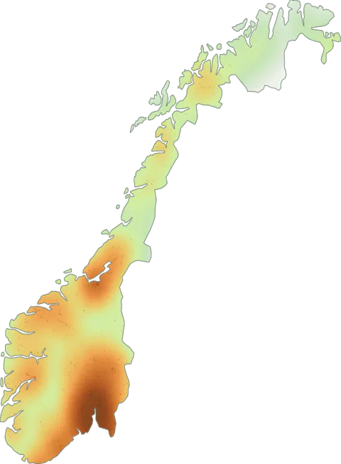Kart over registrerte observasjoner av svartringfluesopp i Norge.
