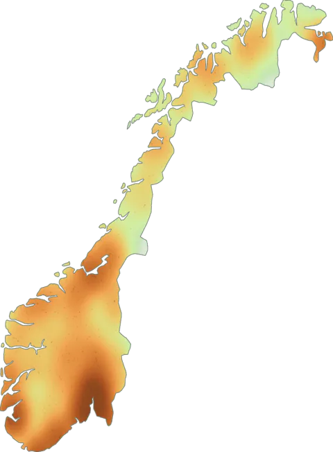 Kart over registrerte observasjoner av svartskrubb i Norge.