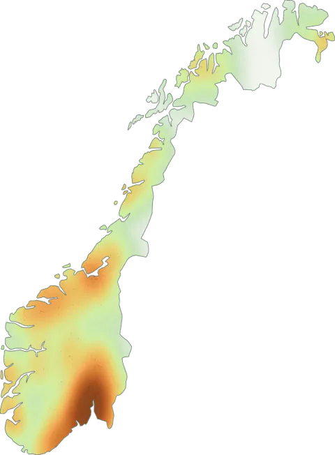 Kart over registrerte observasjoner av turkistraktkremle i Norge.