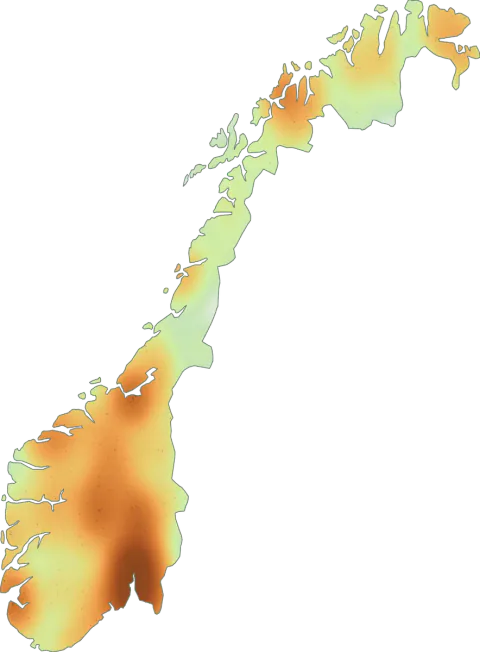 Kart over registrerte observasjoner av våråkersopp i Norge.